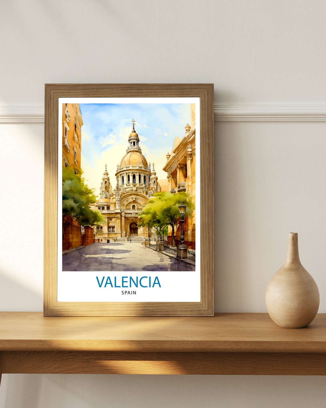 Valencia Spain Historic Cathedral Plaza Watercolor Travel Poster - Image 3