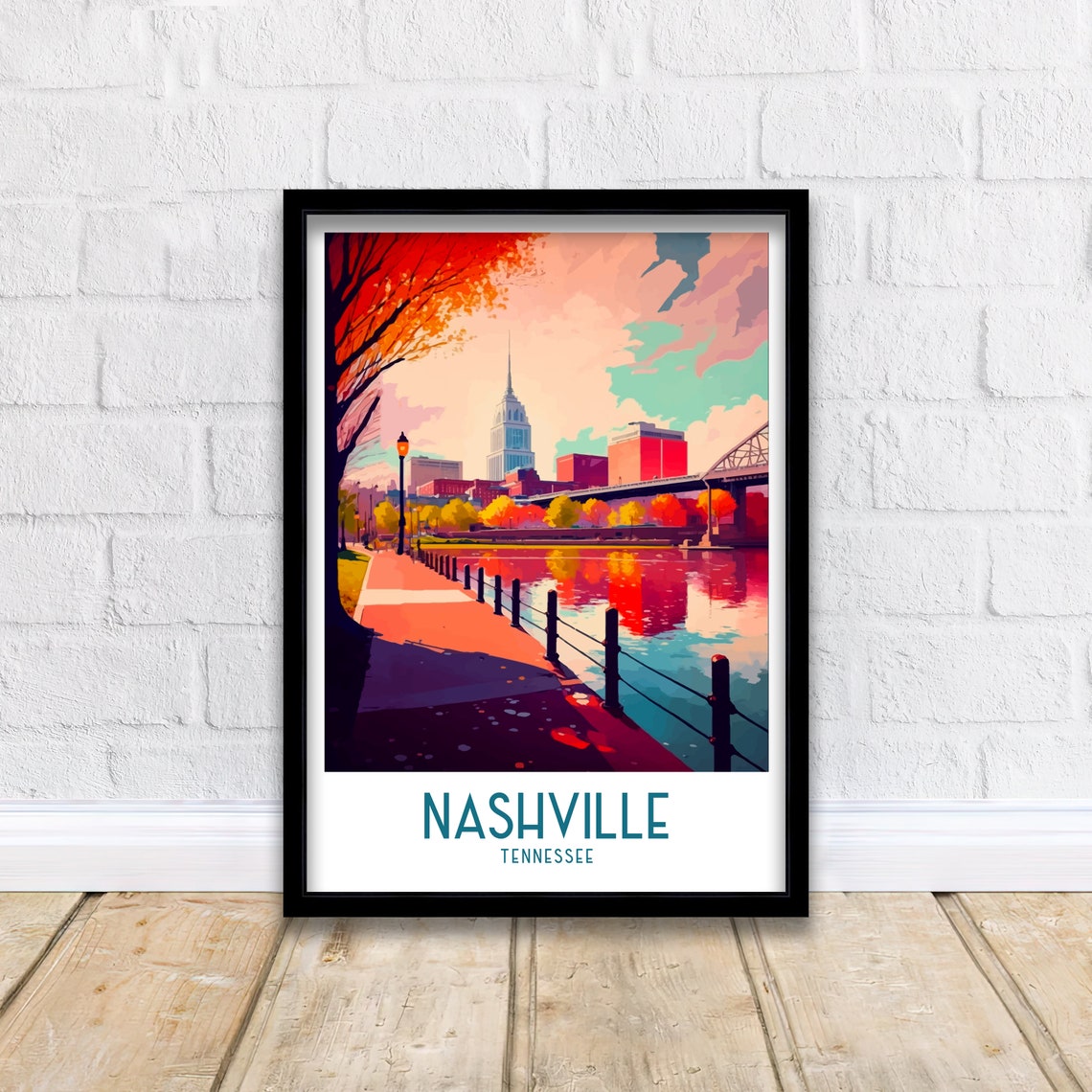 Nashville Tennessee Riverfront Skyline Bridge Autumn Sunset Poster - Image 2
