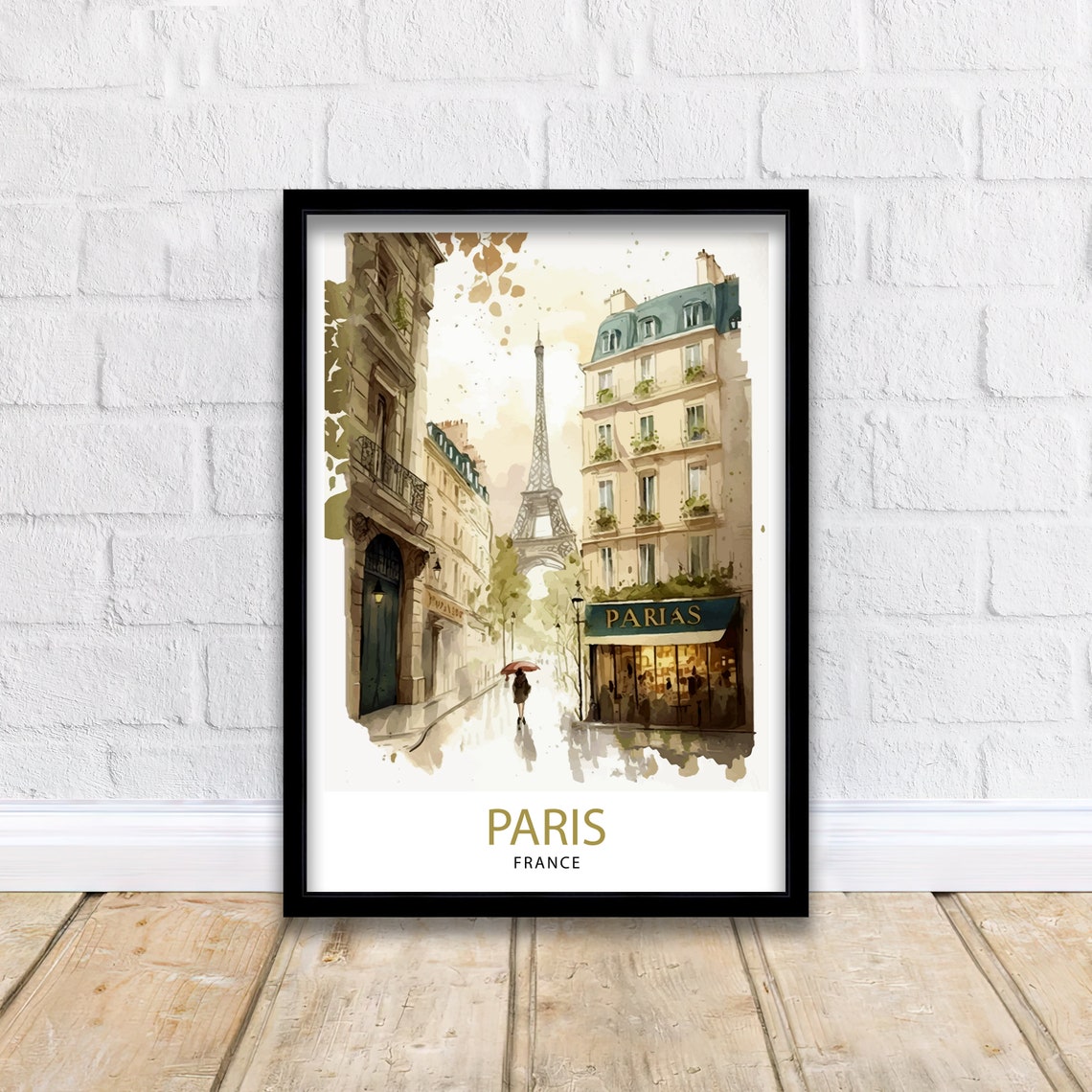 Paris Eiffel Tower Rainy Street Watercolor Umbrella France Poster - Image 2