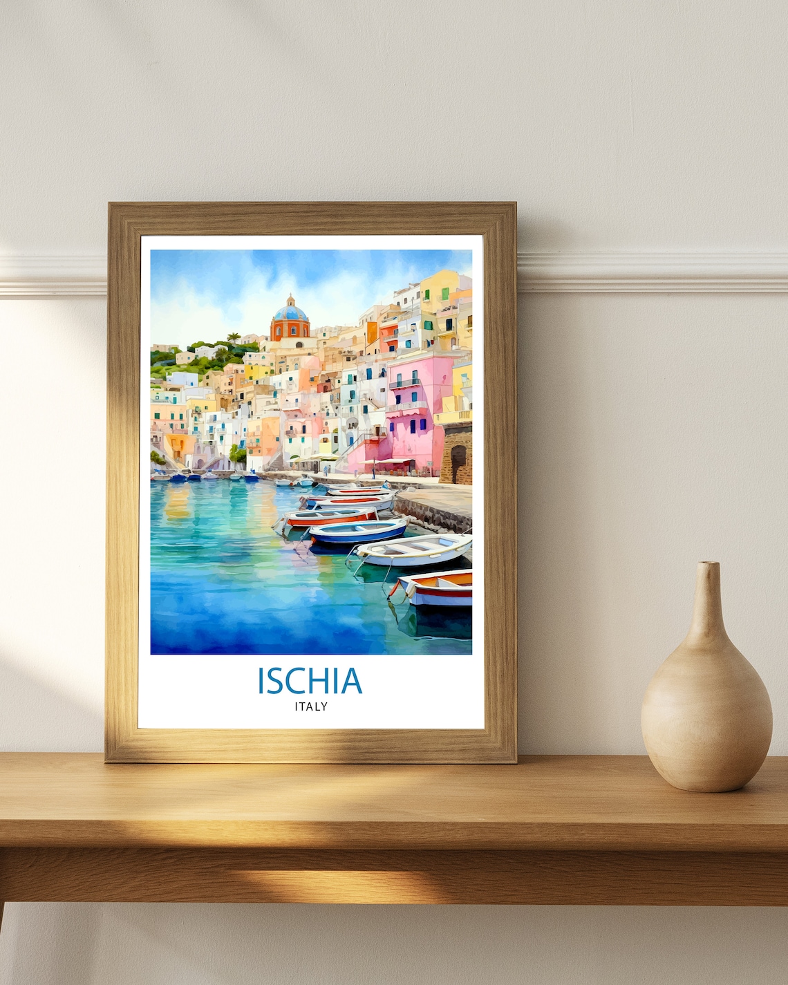 Ischia Italy Colorful Harbor Boats Pastel Town Watercolor Poster - Image 2