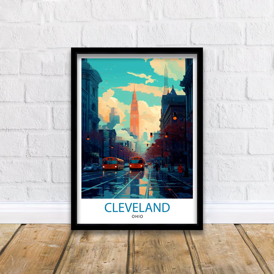 Cleveland Ohio Sunset Downtown Street City Bus Skyline Poster