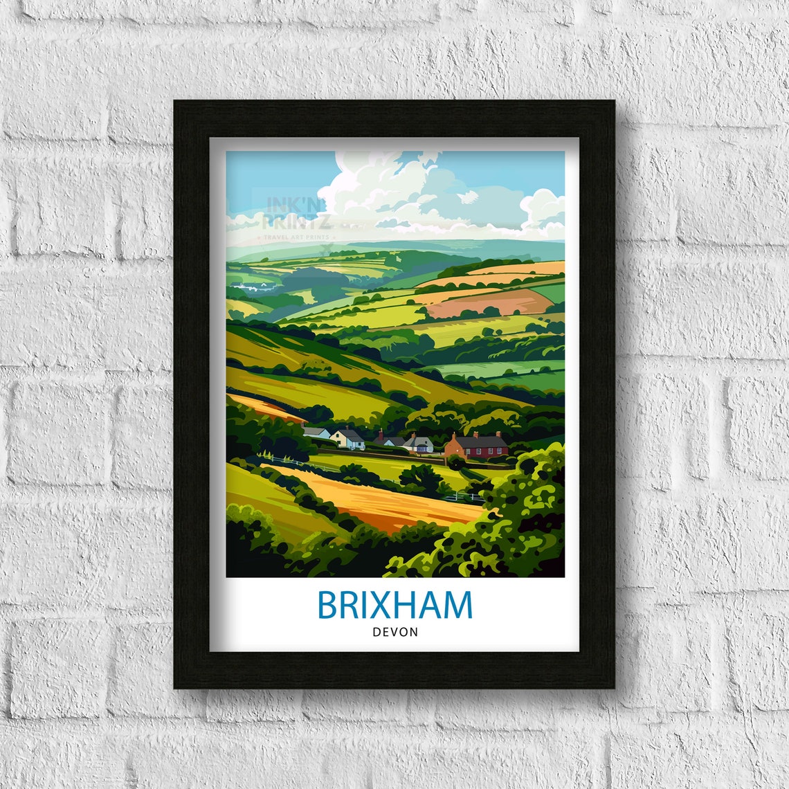 Brixham Devon Green Rolling Hills English Countryside Travel Poster - Image 3