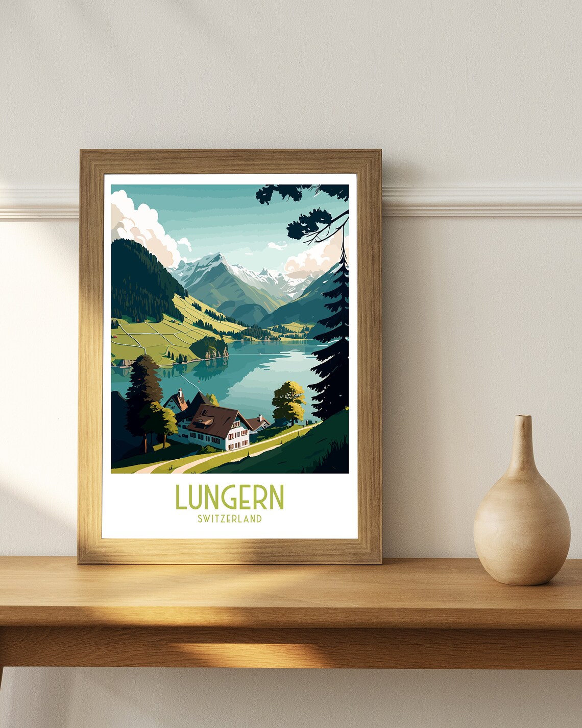 Lungern Switzerland Alpine Lake Chalet Vintage Travel Art Poster - Image 2