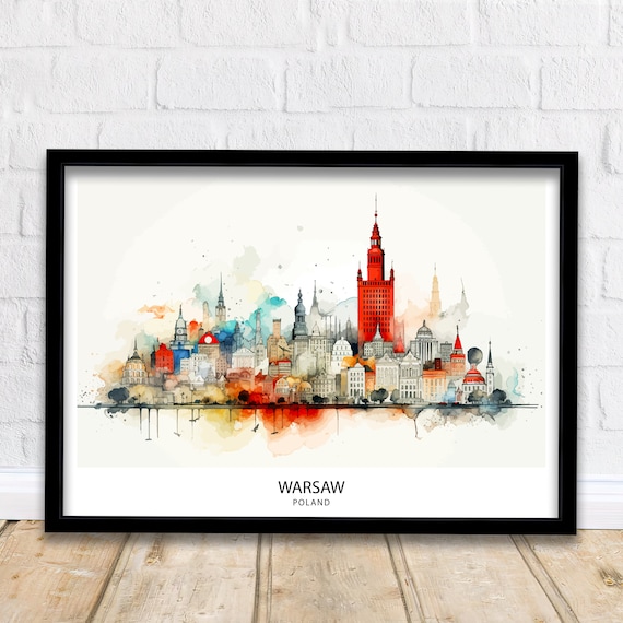 Warsaw Poland Watercolor Skyline Historic Old Town Europe Travel Poster