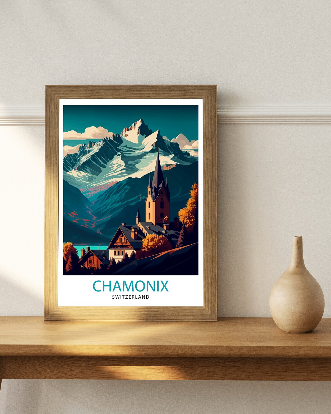 Chamonix Switzerland Snowy Peaks Mountain Church Autumn Travel Poster - Image 3