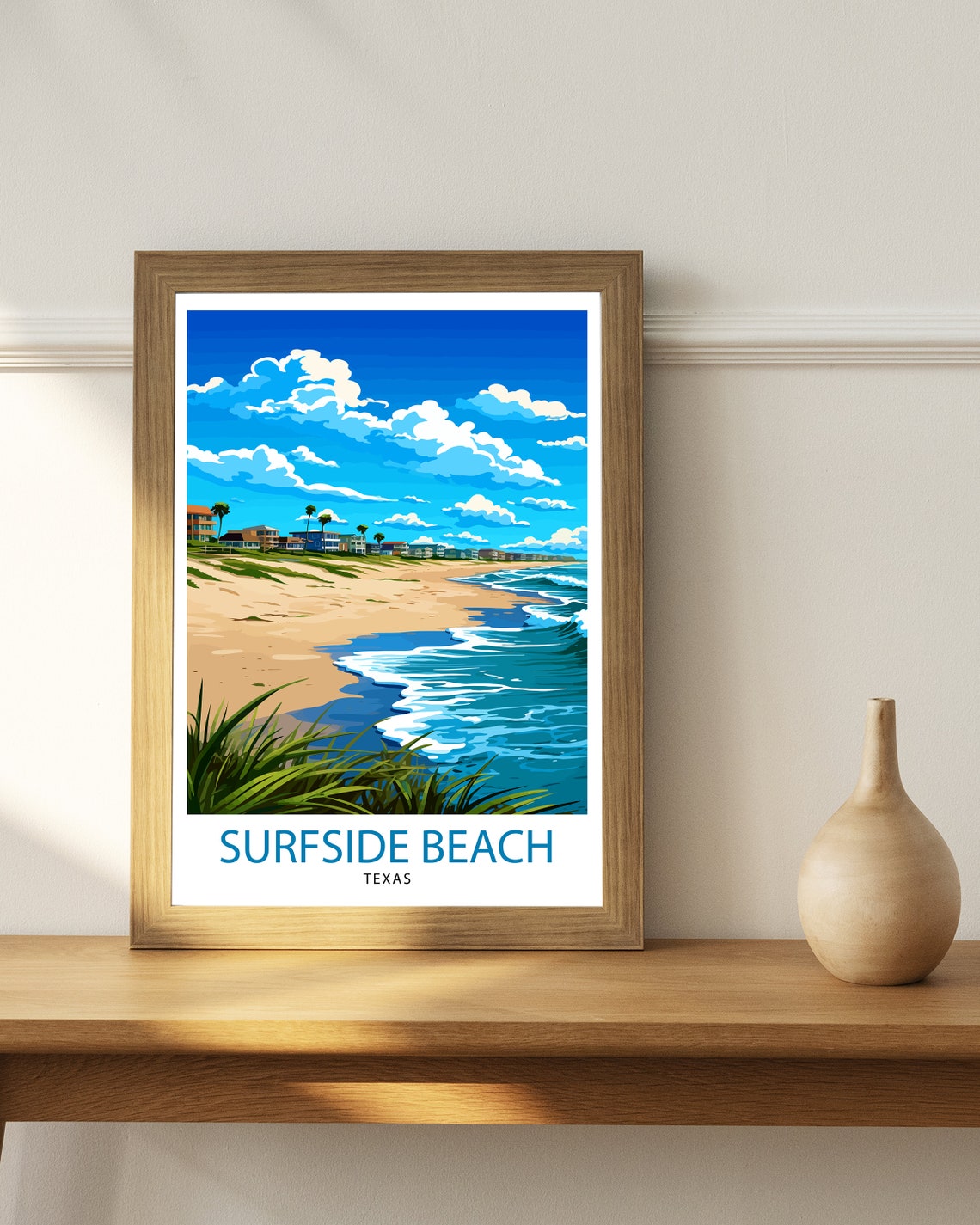 Surfside Beach Texas Wide Sandy Shore and Beach House Row Poster - Image 3