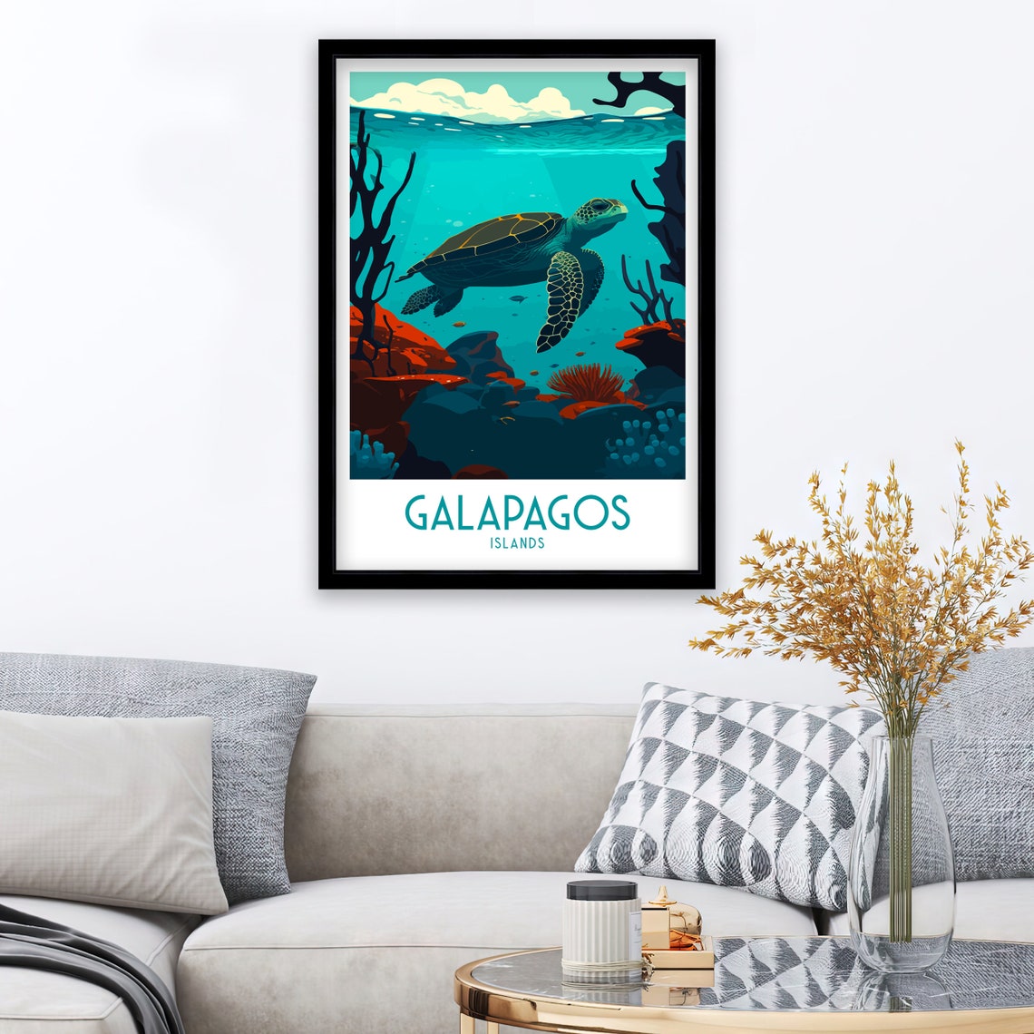 Galapagos Islands Sea Turtle Coral Reef Underwater Art Poster - Image 2