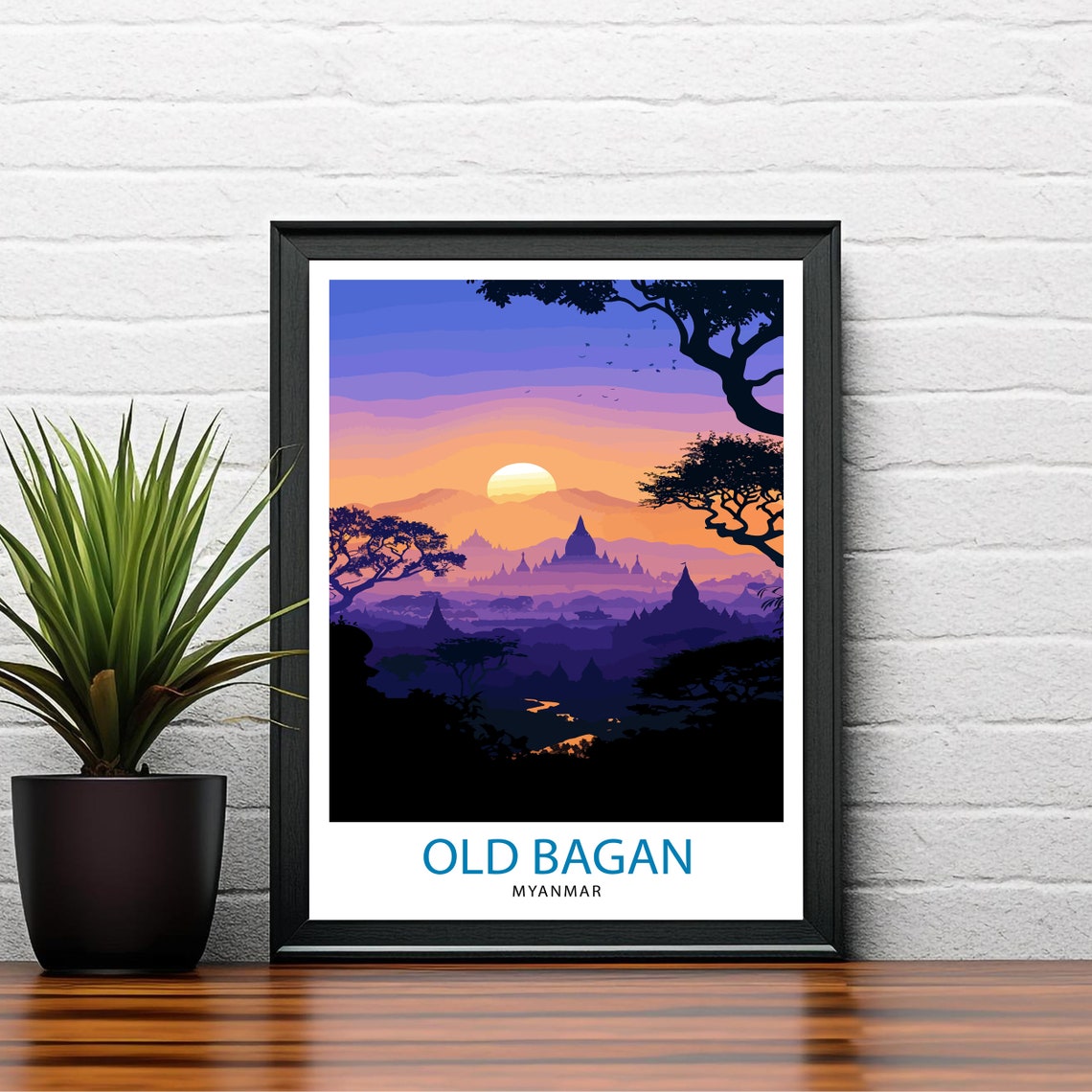 Old Bagan Myanmar Temple Sunset Silhouette Travel Art Poster - Image 2