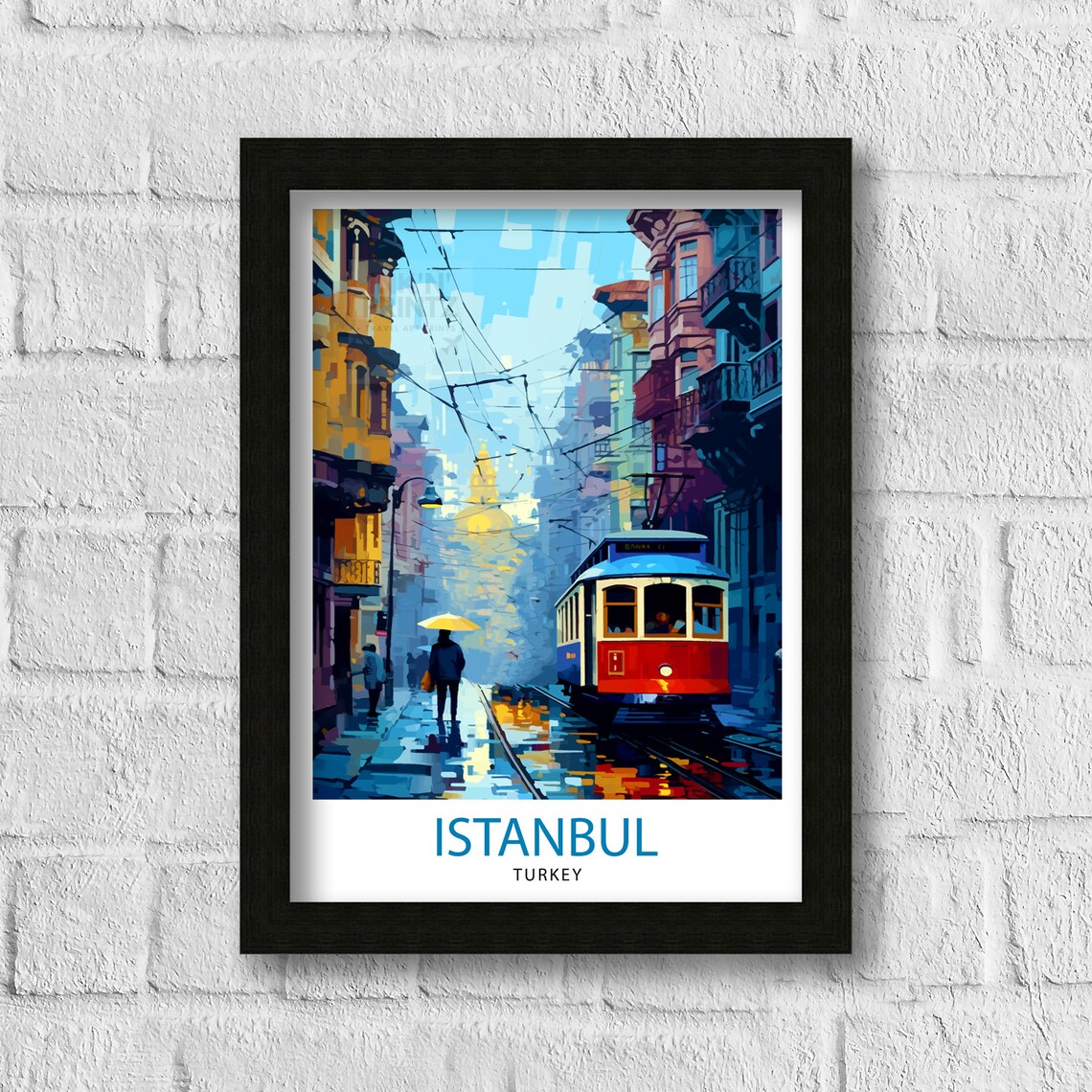 Istanbul Turkey Vintage Tram Rainy Street Painted Travel Poster - Image 3