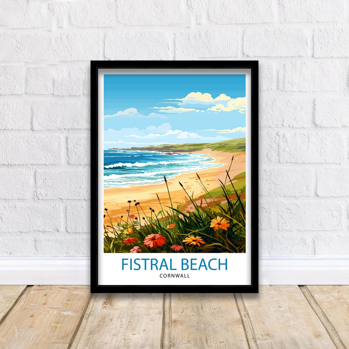 Fistral Beach Cornwall Wildflowers Surf Vintage Travel Poster - Image 2