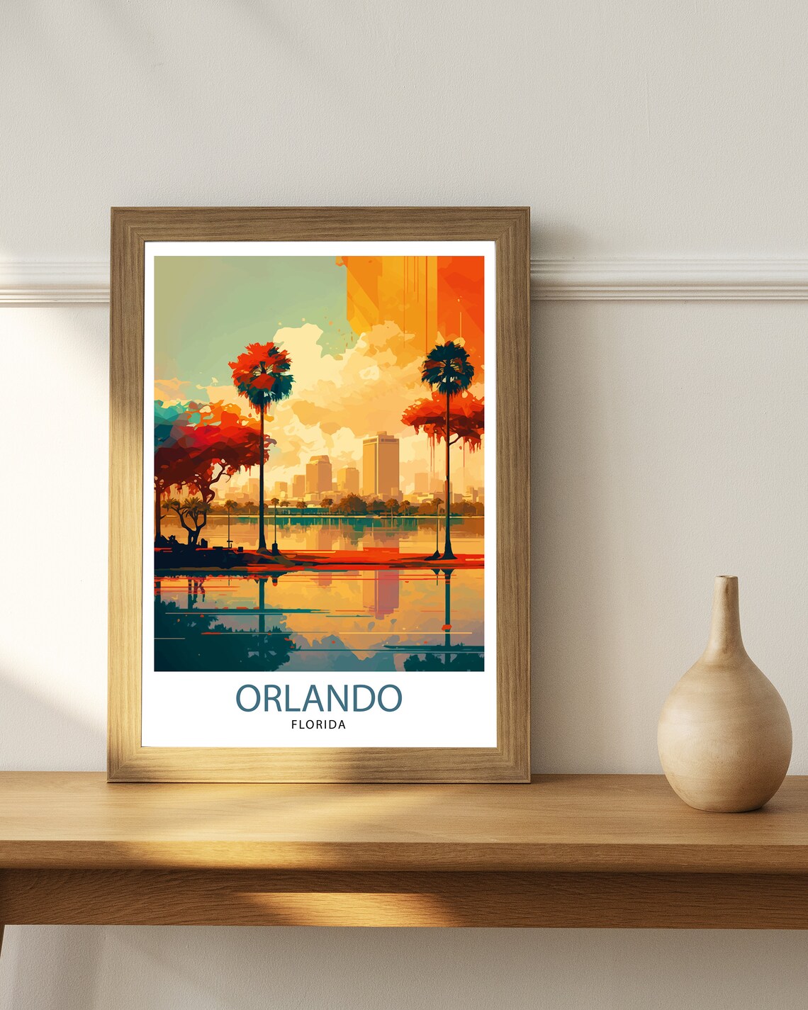Orlando Florida Lakeside Downtown Skyline Palms Sunset Travel Poster - Image 2