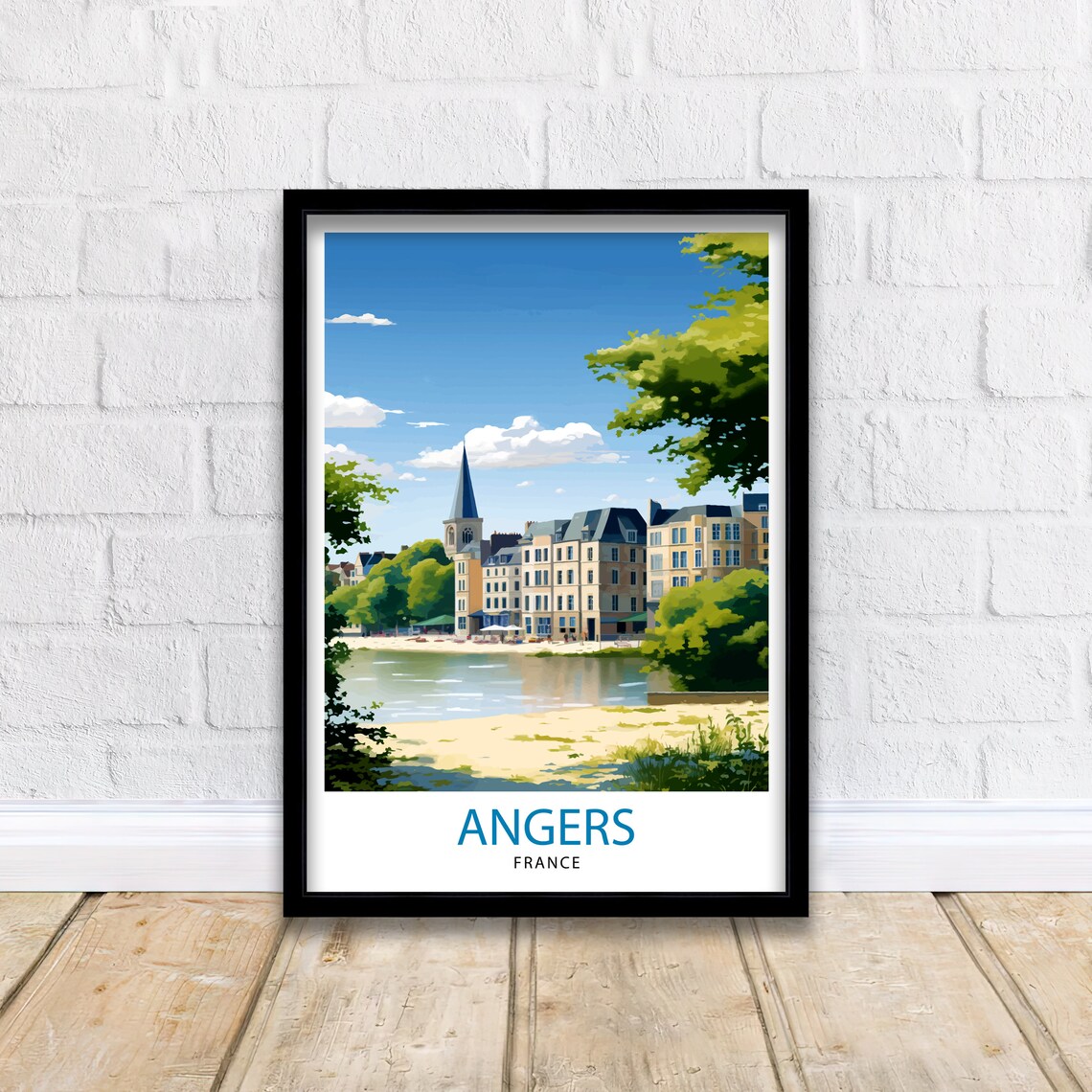 Angers France Riverside Church Spire Sunny Old Town Scene Poster - Image 2