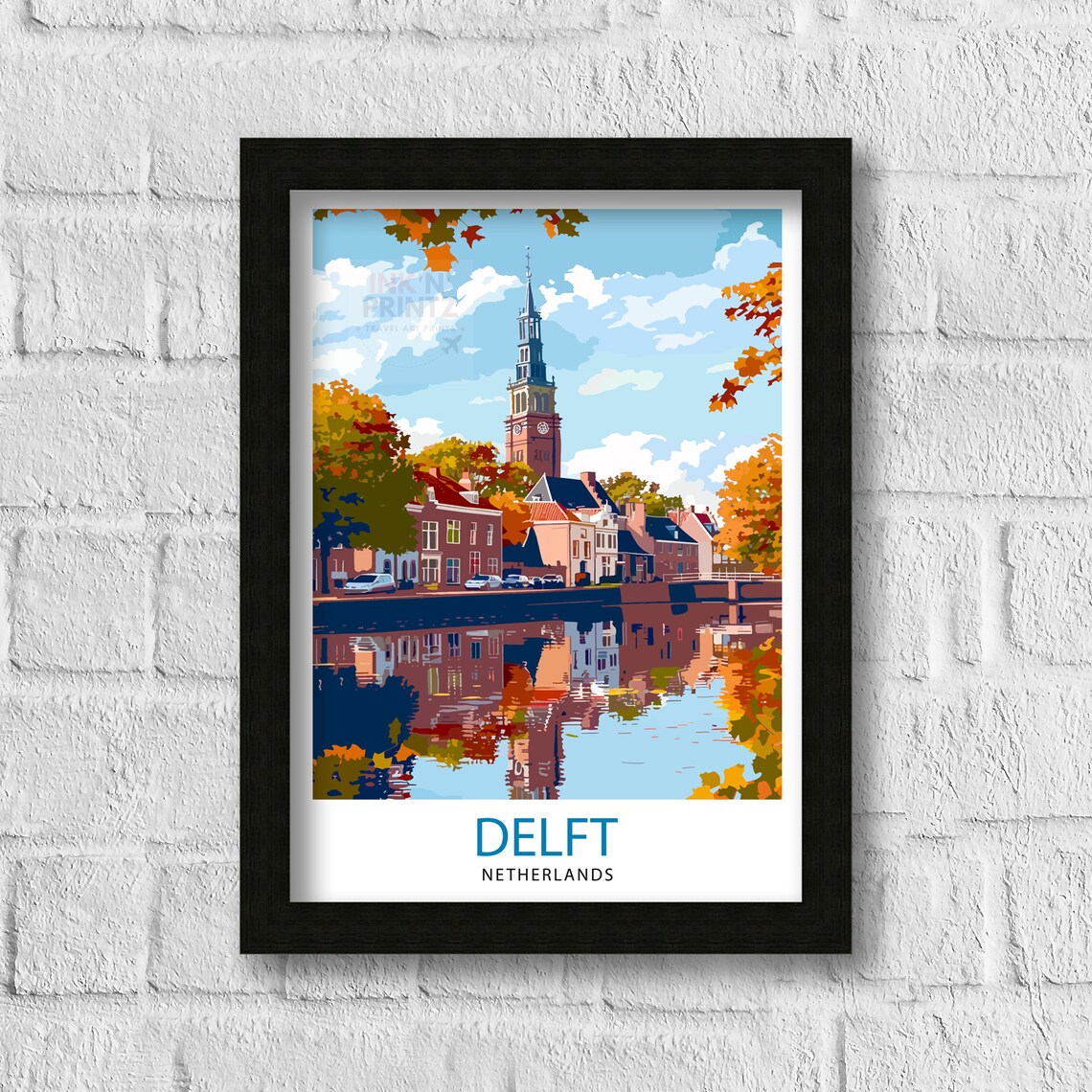 Delft Netherlands Autumn Canal Old Church Tower Travel Poster - Image 3
