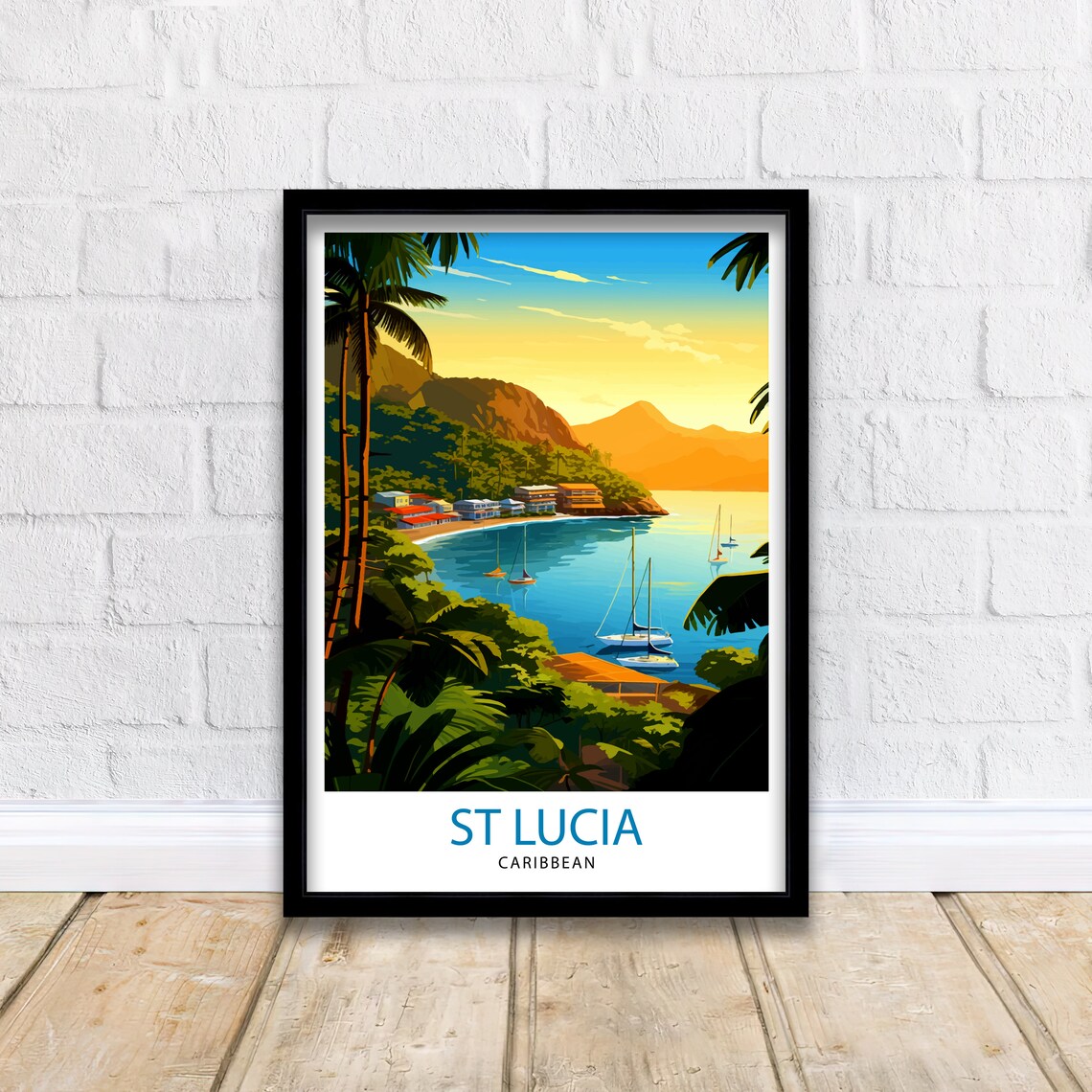 St Lucia Caribbean Golden Sunset Bay Sailboats Travel Art Poster - Image 2