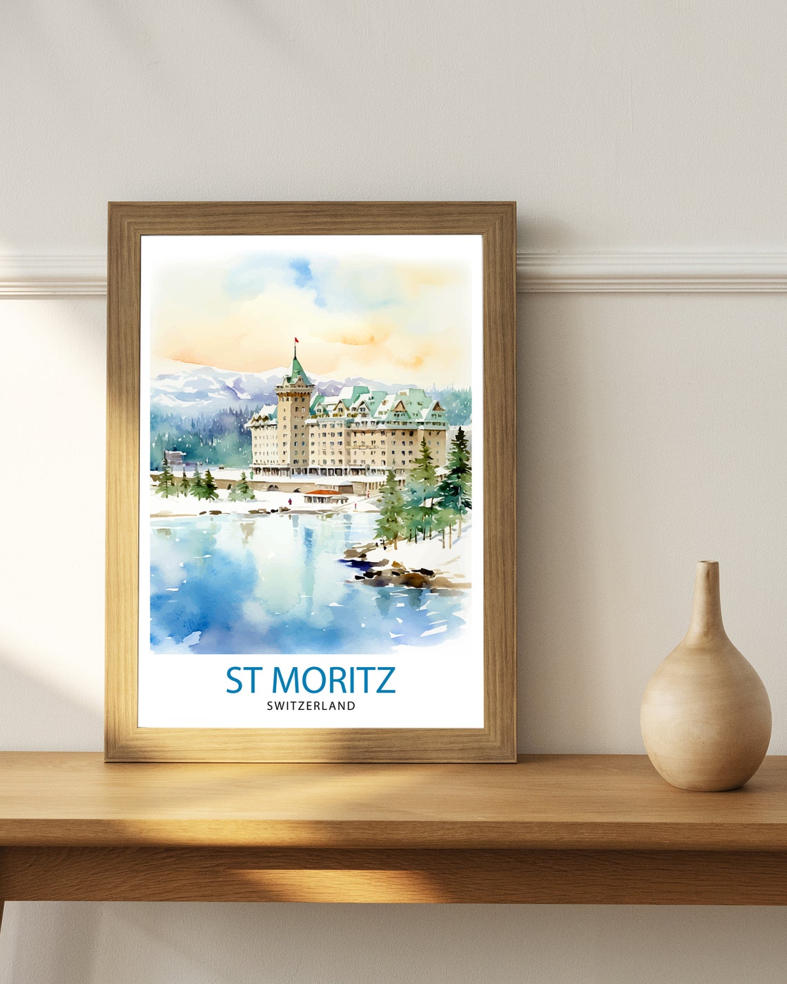 St Moritz Switzerland Grand Hotel Lake Watercolor Winter Poster - Image 3