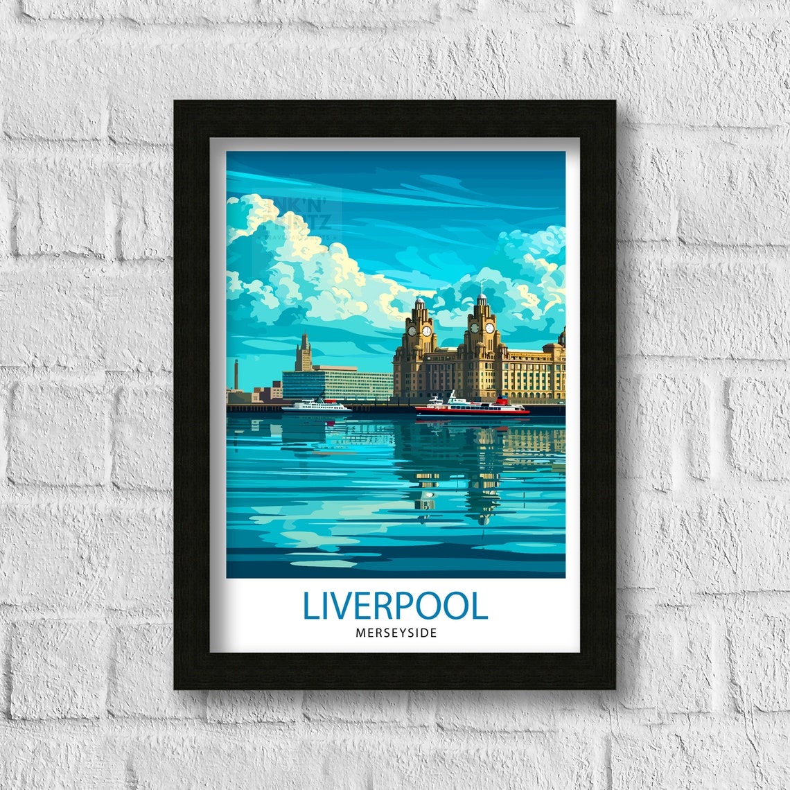 Liverpool Merseyside Waterfront Liver Building Ferry Scene Poster - Image 3