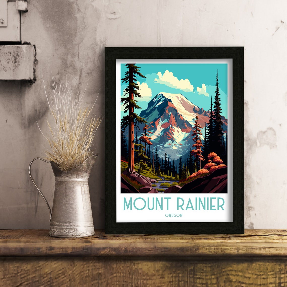 Mount Rainier Oregon Snow Capped Peak Pine Forest Mountain View Poster - Image 2