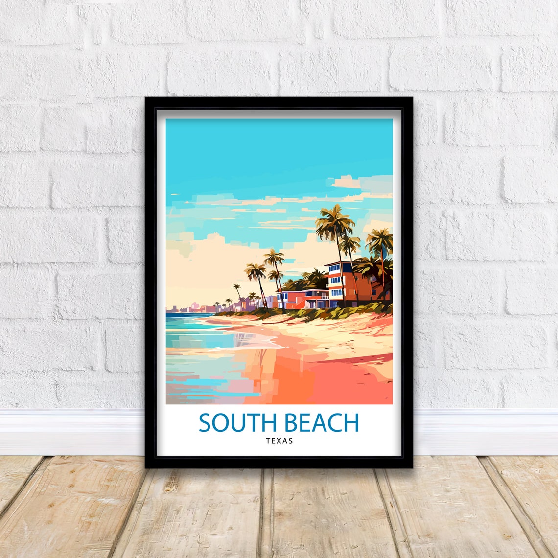 South Beach Texas Dusk Shore Pastel Beachfront Houses Poster - Image 2
