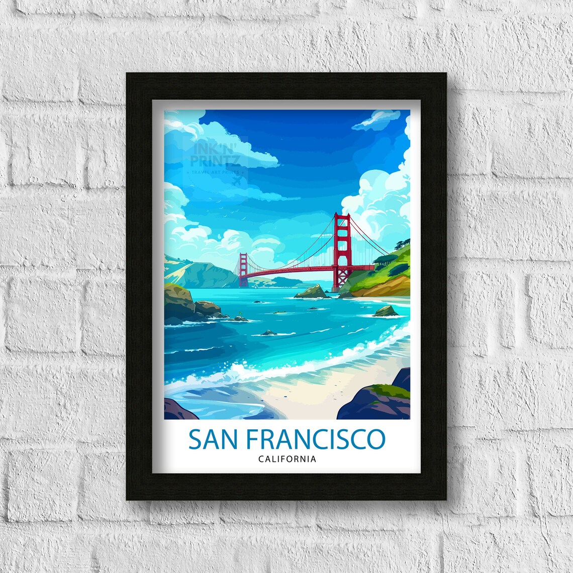 San Francisco California Golden Gate Bridge Beach Coast Travel Poster - Image 3