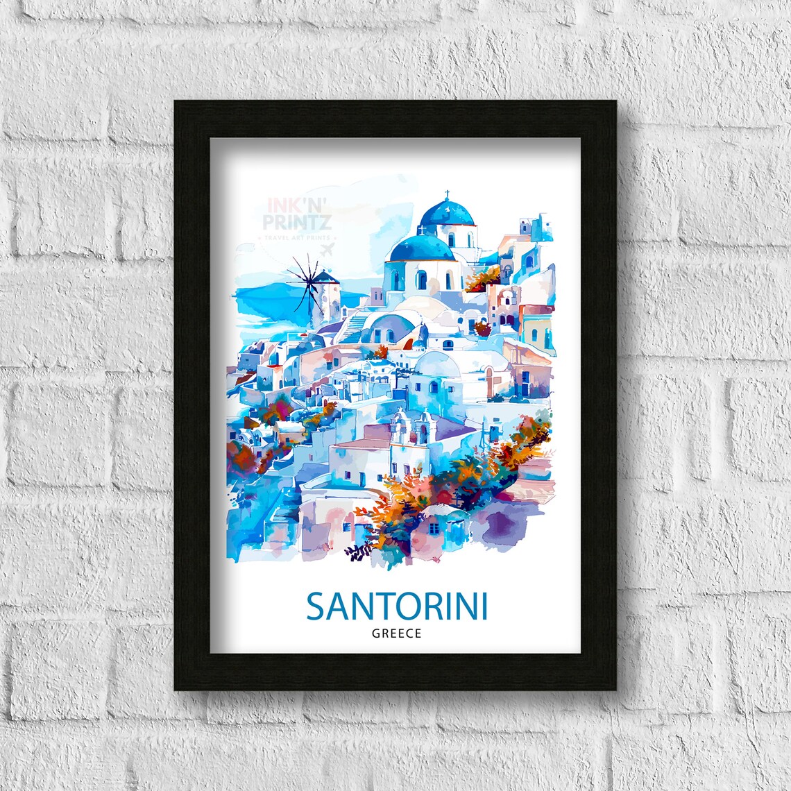 Santorini Greece Island Village Blue Domes Watercolor Travel Poster - Image 3