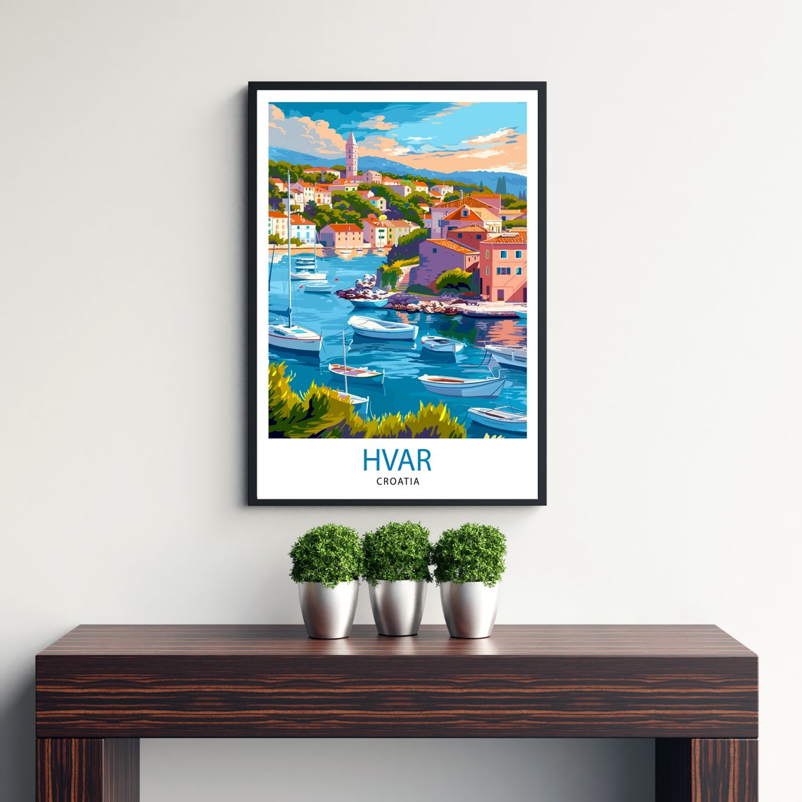 Hvar Croatia Sunlit Old Town Harbor Boats Church Tower View Poster - Image 3