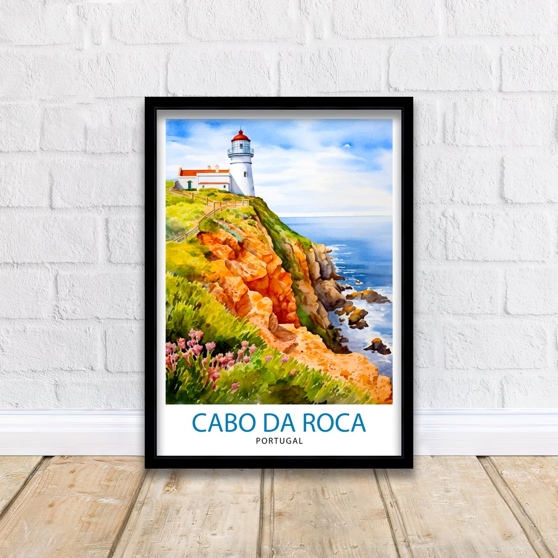 Cabo da Roca Portugal Lighthouse Coastal Cliffs Watercolor Poster - Image 2