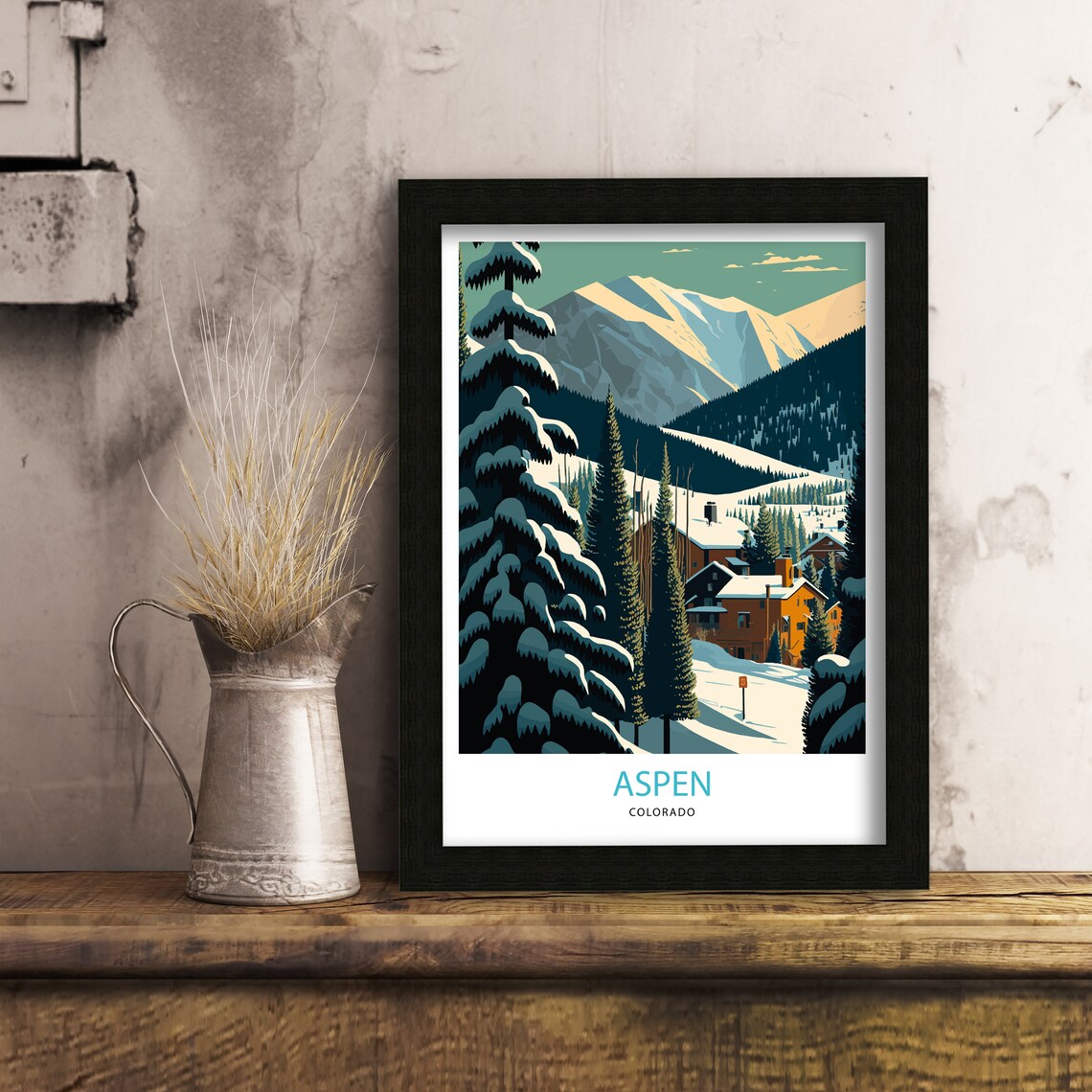 Aspen Colorado Snowy Ski Village Pines Retro Winter Travel Poster - Image 3