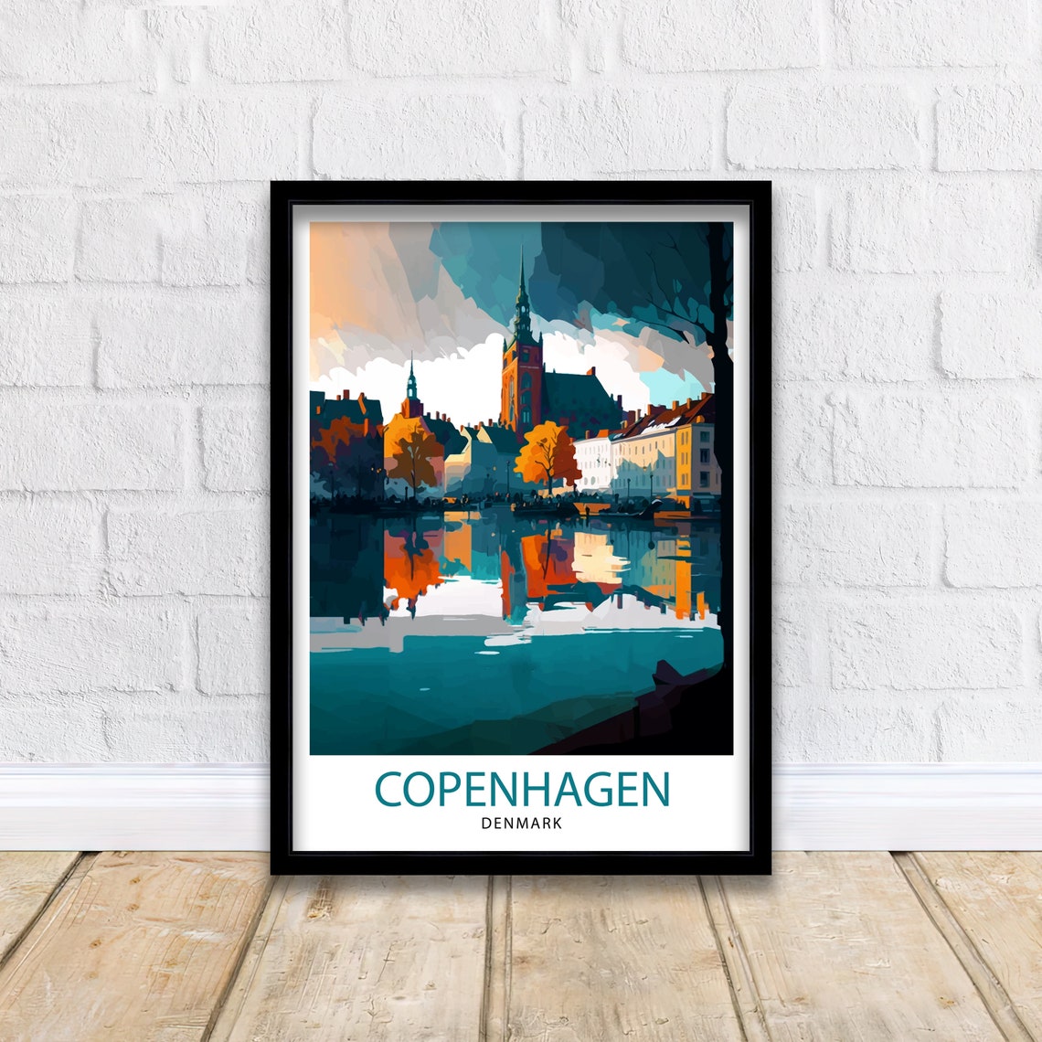 Copenhagen Denmark Harbor Skyline Sunset Reflection Travel Poster - Image 2