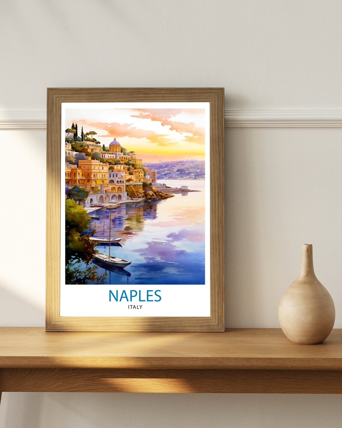 Naples Italy Waterfront Sunset Bay Boats Watercolor Travel Poster - Image 2