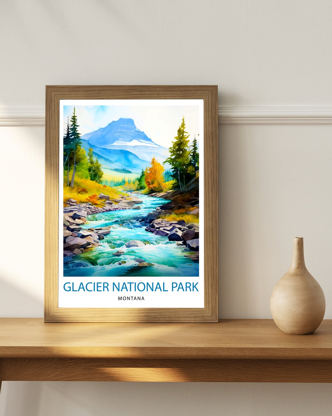 Glacier National Park Montana River Rapids Watercolor Travel Poster - Image 3