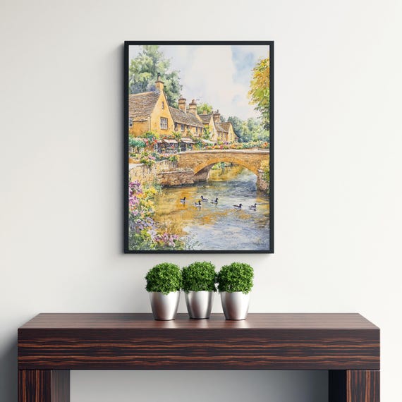 Bourtononthewater Watercolor Painting Cotswold Village Art Bourton Print Scenic River Decor