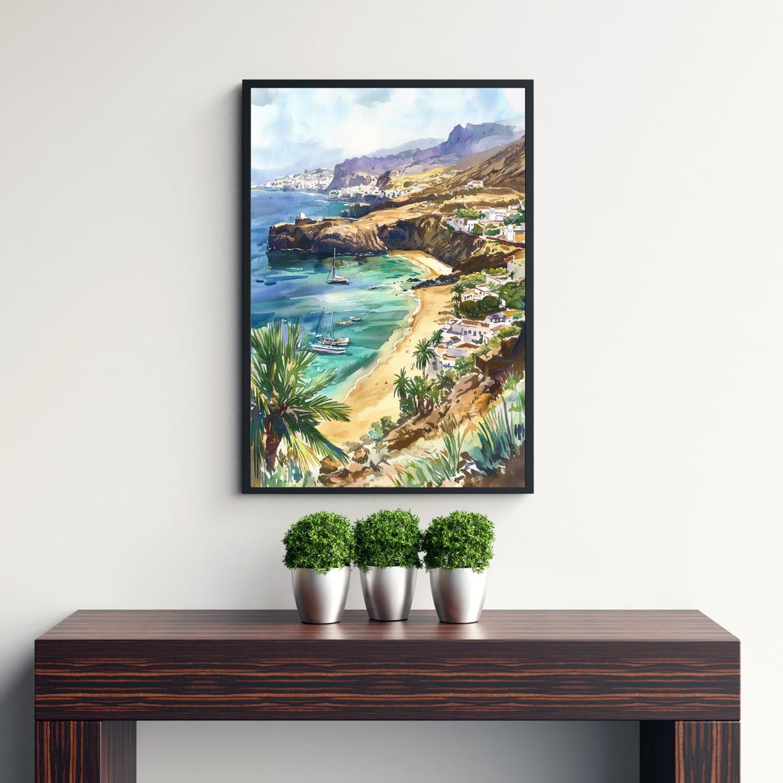 Gran Canaria Spain Coast Watercolor Cliffs Beach Palms Poster