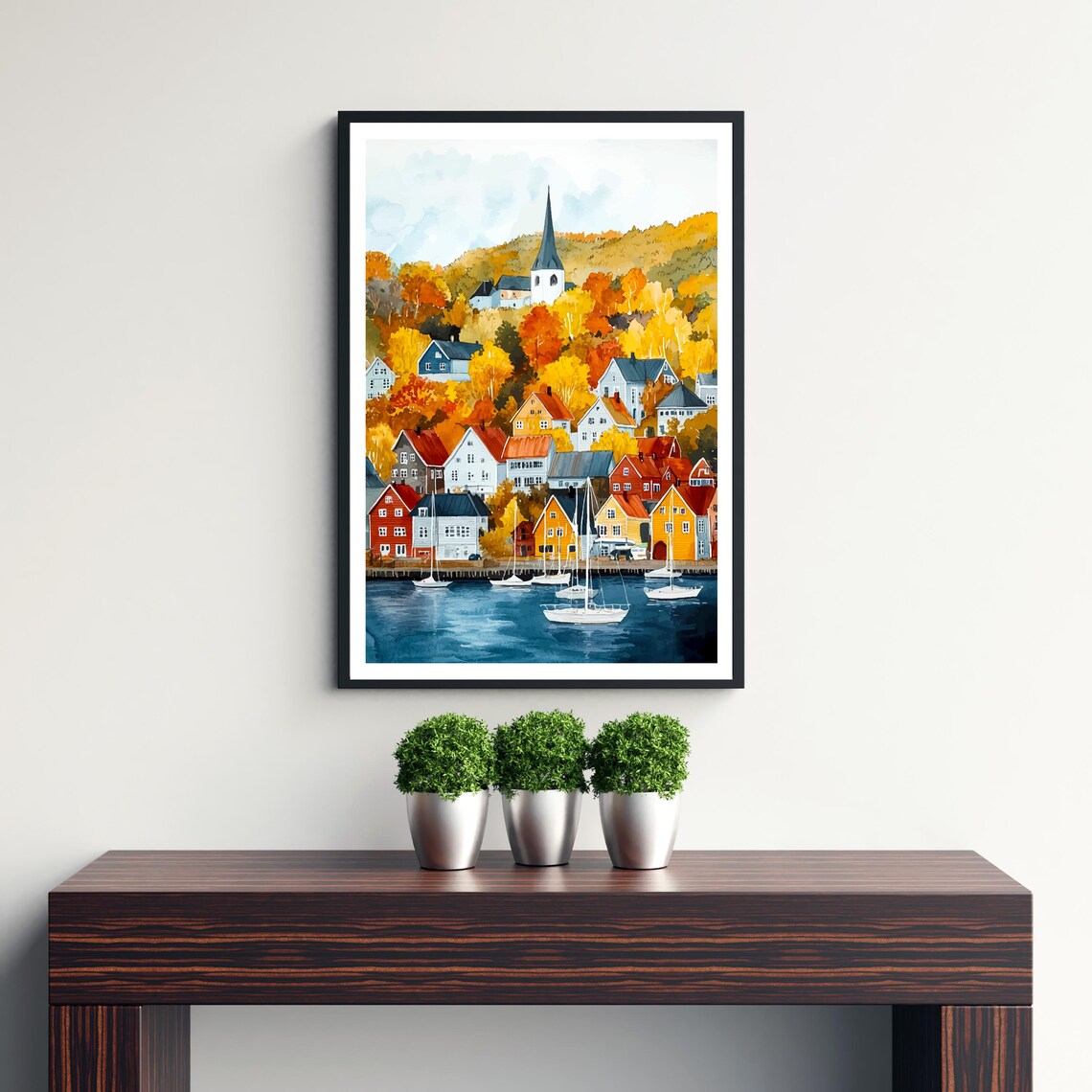 Trondheim Norway Watercolor Autumn Harbor Town Church Poster - Image 3