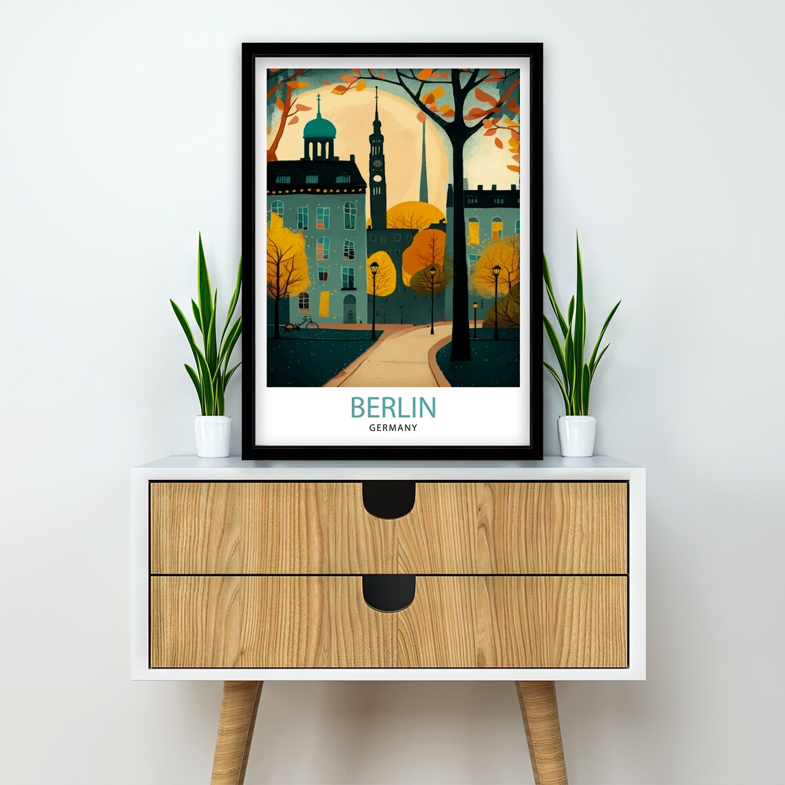 Berlin Germany Autumn City Park Church Spires Moonrise Travel Poster - Image 2