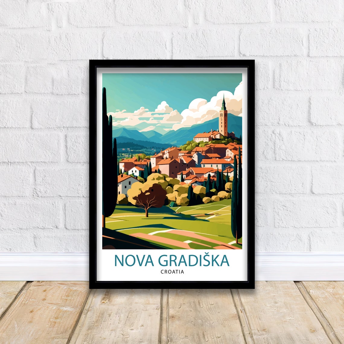Nova Gradiska Croatia Vintage Travel Poster Hilltop Town Bell Tower - Image 2