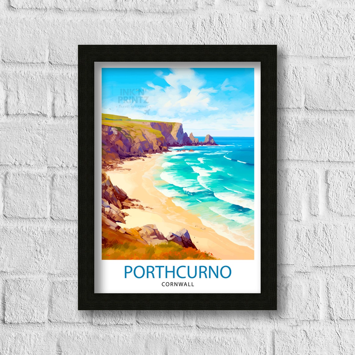 Porthcurno Cornwall Golden Beach Bay Rugged Cliffs Scene Travel Poster - Image 3
