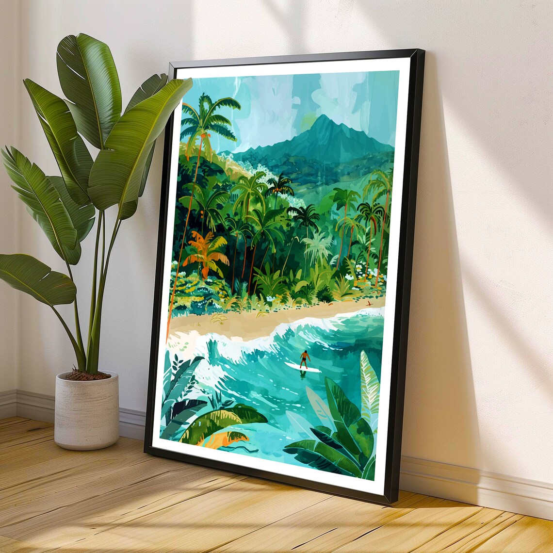 Hawaii Tropical Beach Surfing Palm Trees Volcano Island Travel Poster - Image 3