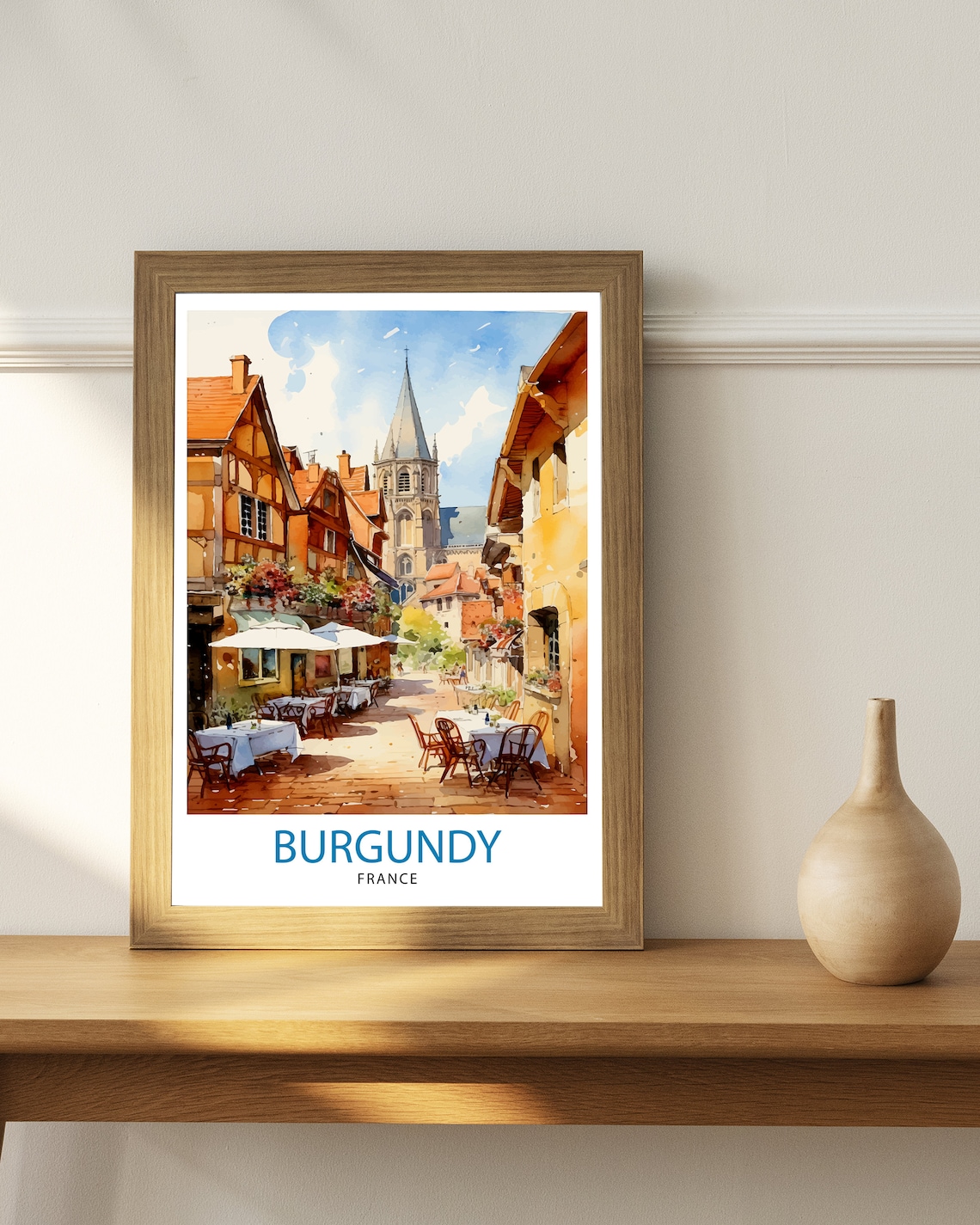Burgundy Village Street Cafe Terraces Watercolor France Poster - Image 3