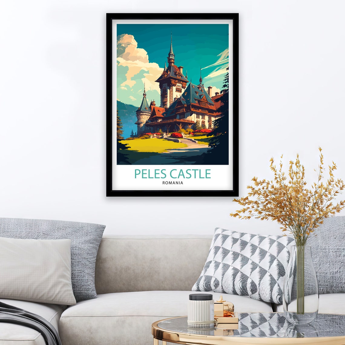 Peles Castle Romania Fairytale Chateau Mountain Travel Poster - Image 2