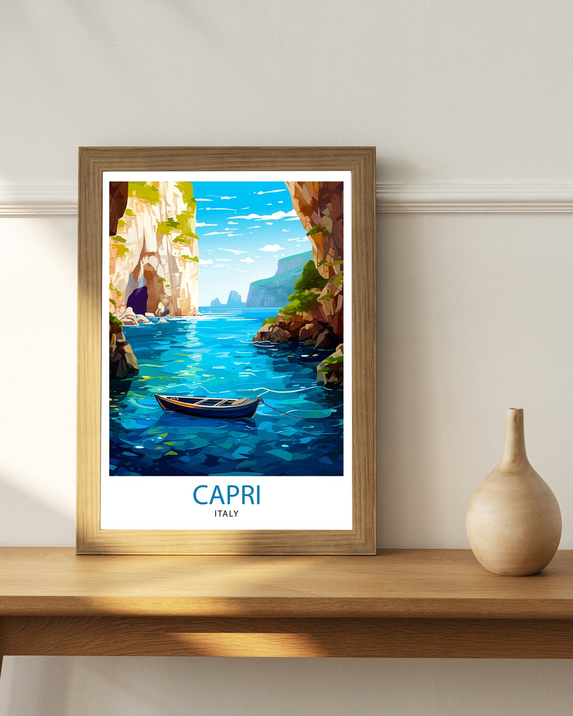Capri Italy Blue Sea Grotto Cliffs Wooden Rowboat Art Poster - Image 3