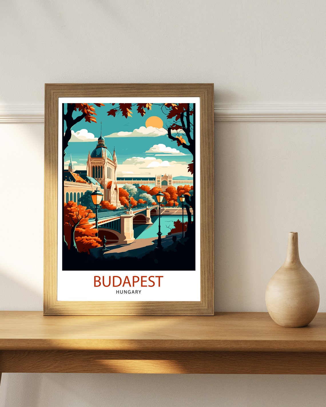 Budapest Hungary Danube Bridge Autumn Evening City Travel Poster - Image 3