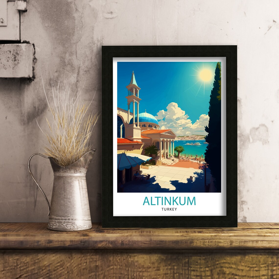 Altinkum Turkey Aegean Beach Mosque Dome Promenade Travel Poster - Image 3