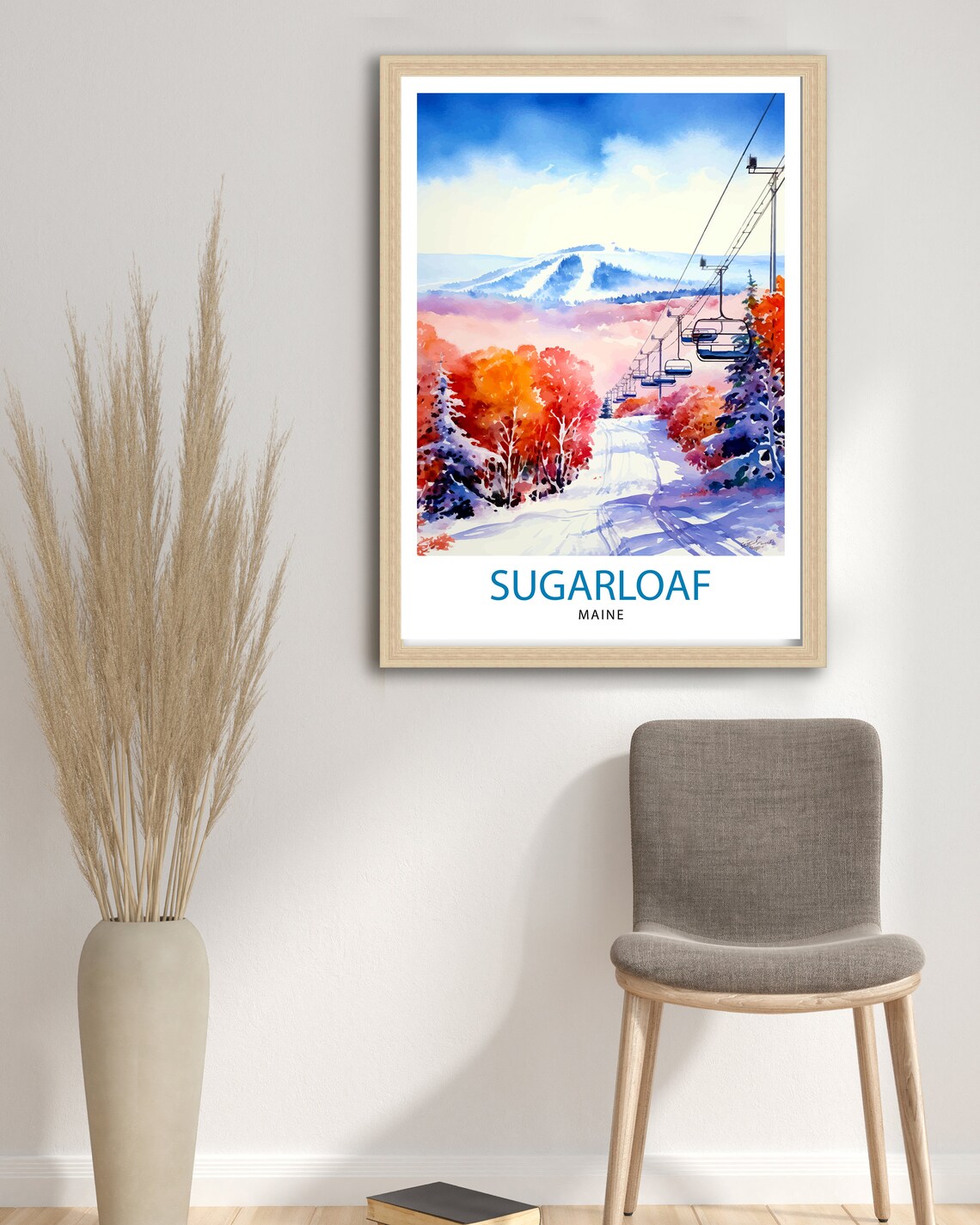 Sugarloaf Maine Ski Lift Watercolor Autumn Snow Mountain Travel Poster - Image 3