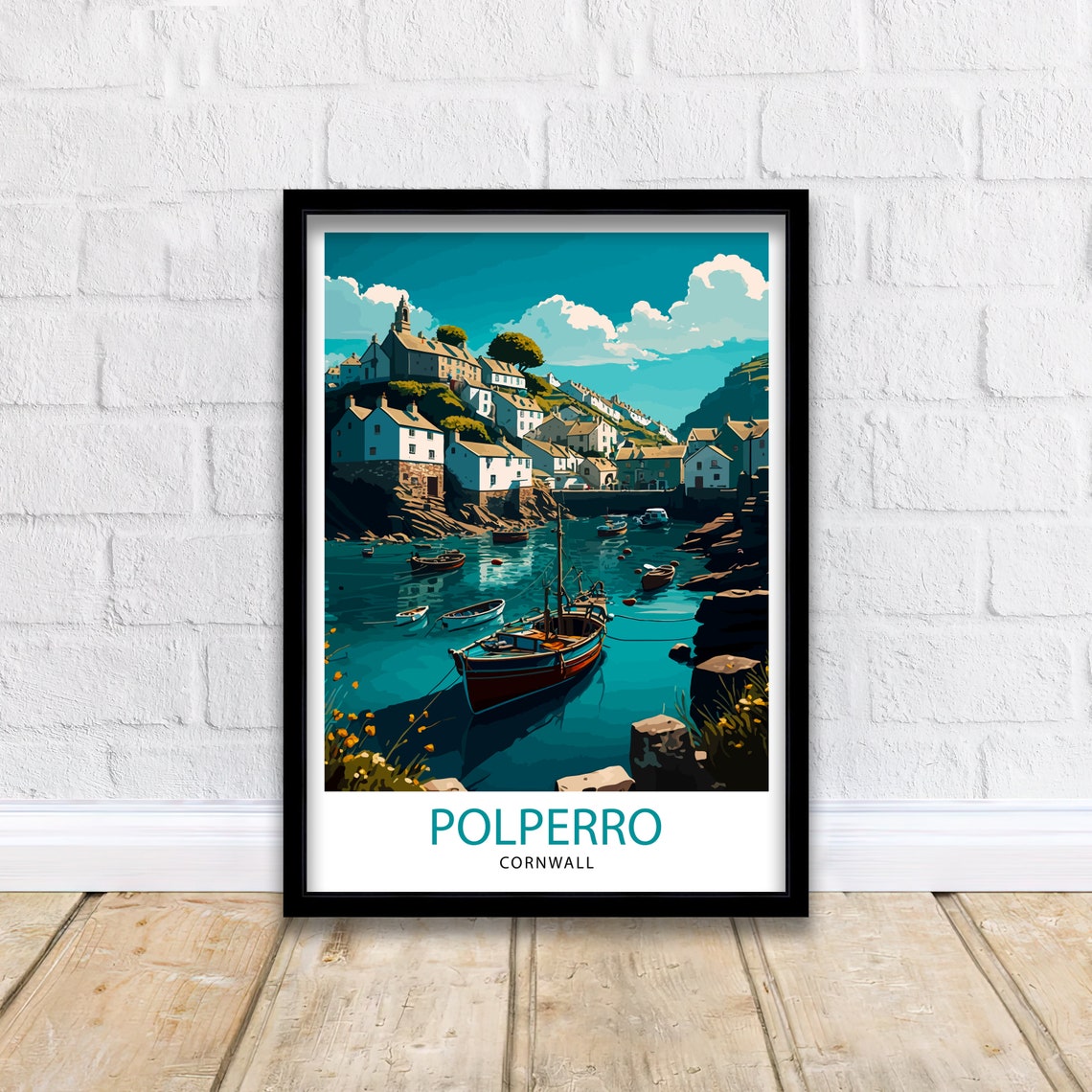 Polperro Cornwall Harbor Boats Fishing Village Teal Sea Poster - Image 2