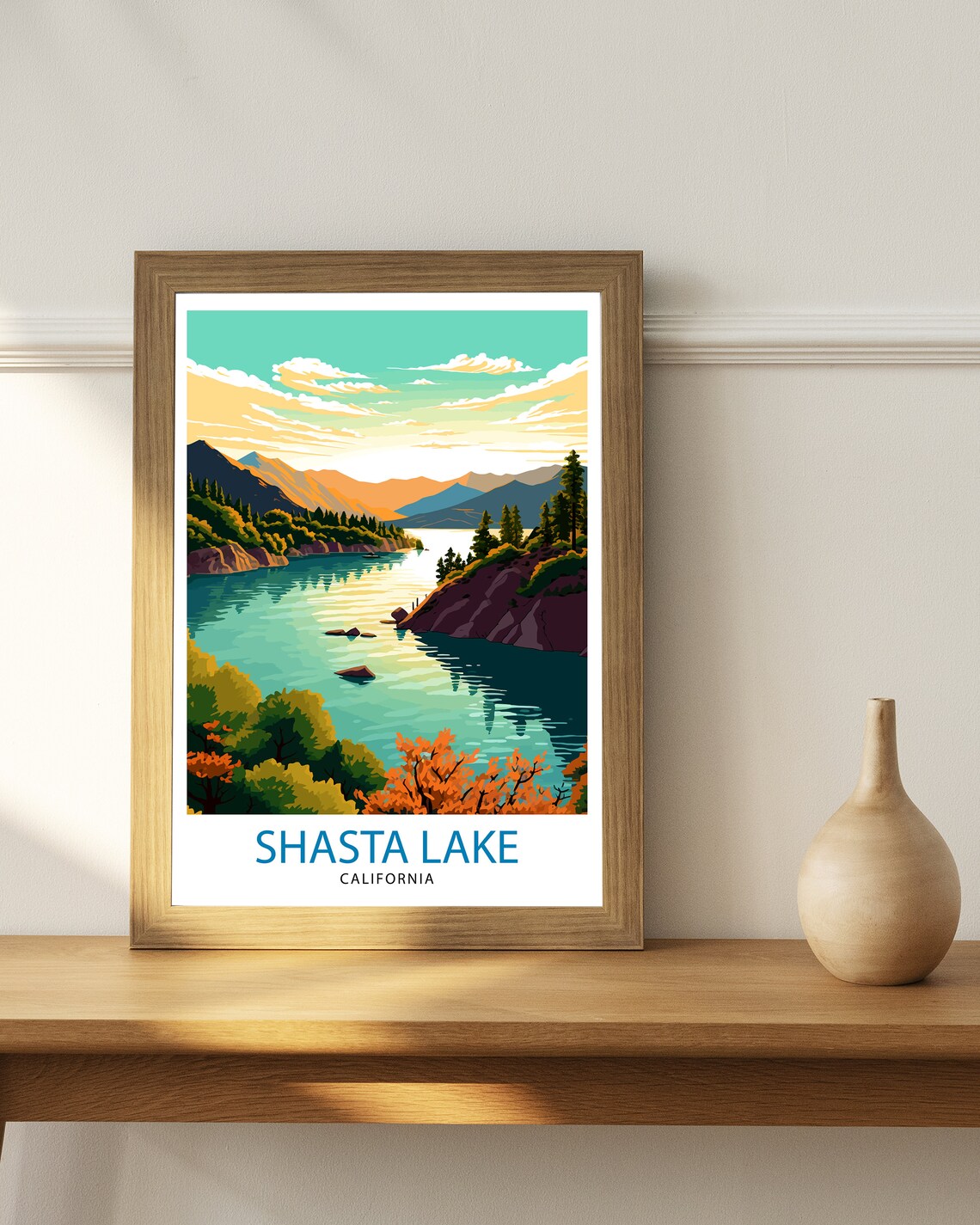 Shasta Lake California Sunset Mountains Water Vintage Travel Poster - Image 2