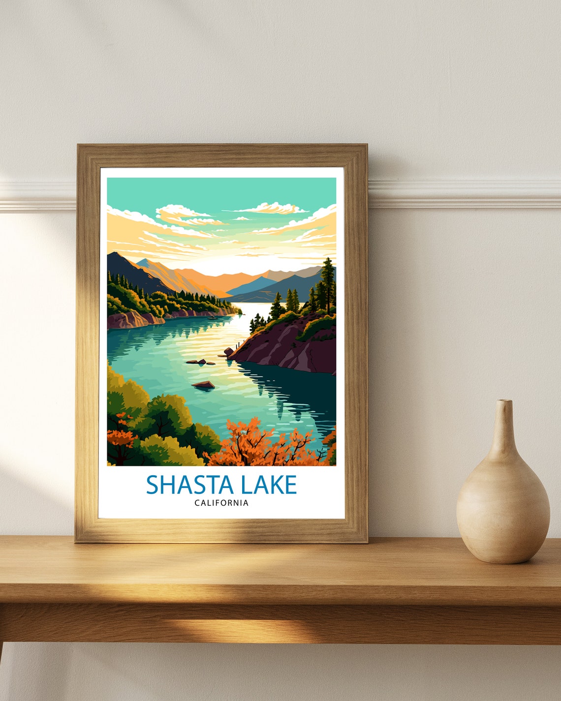 Shasta Lake California Travel Print Shasta Lake Wall Decor Shasta Lake Home Living Decor Shasta Lake California Illustration Travel Poster - Image 2