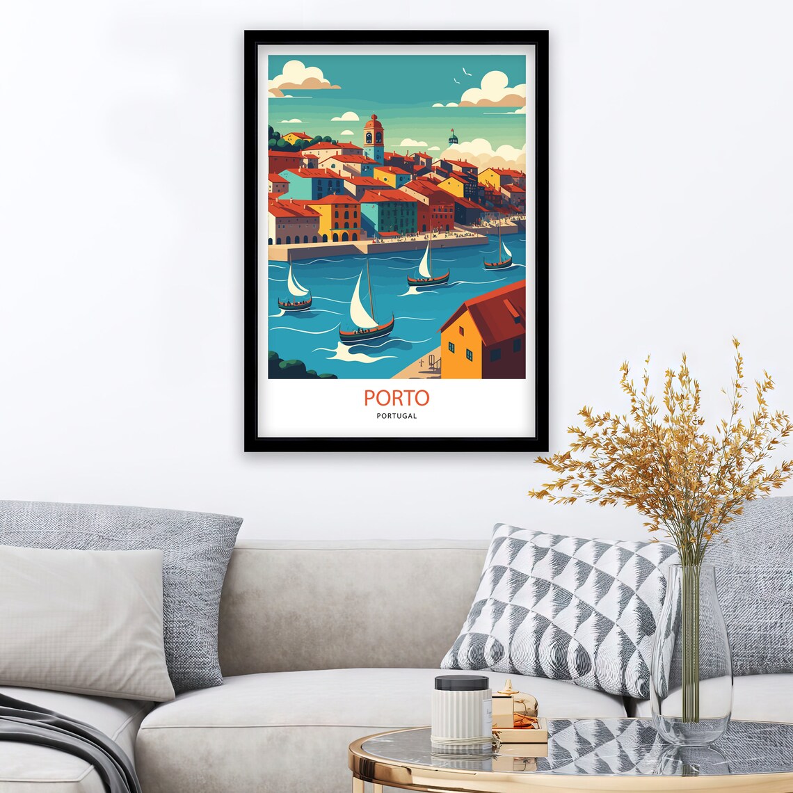 Porto Portugal Riverside Rabelo Boats Cityscape Travel Poster - Image 2