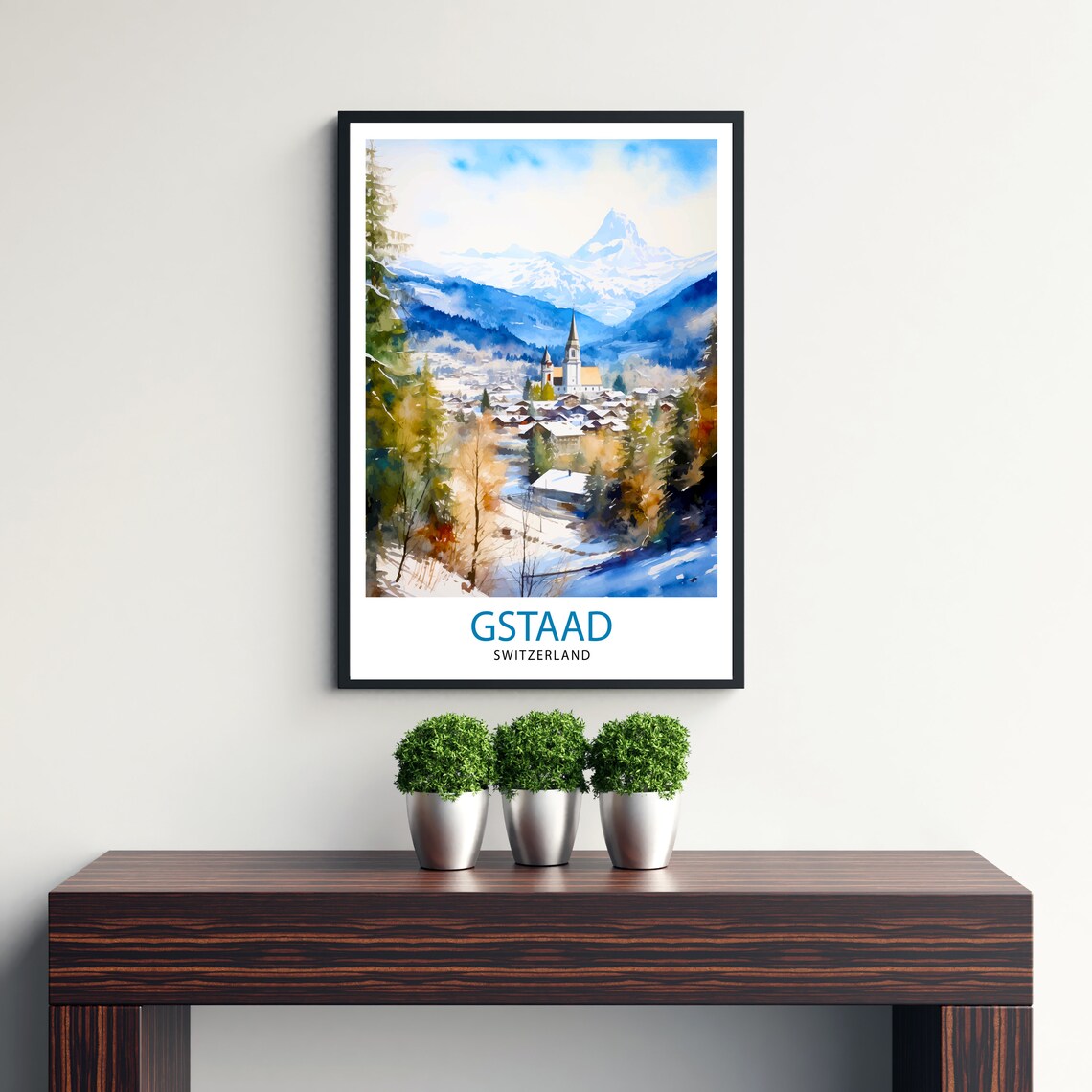 Gstaad Switzerland Winter Village Snowy Alps Watercolor Travel Poster - Image 3