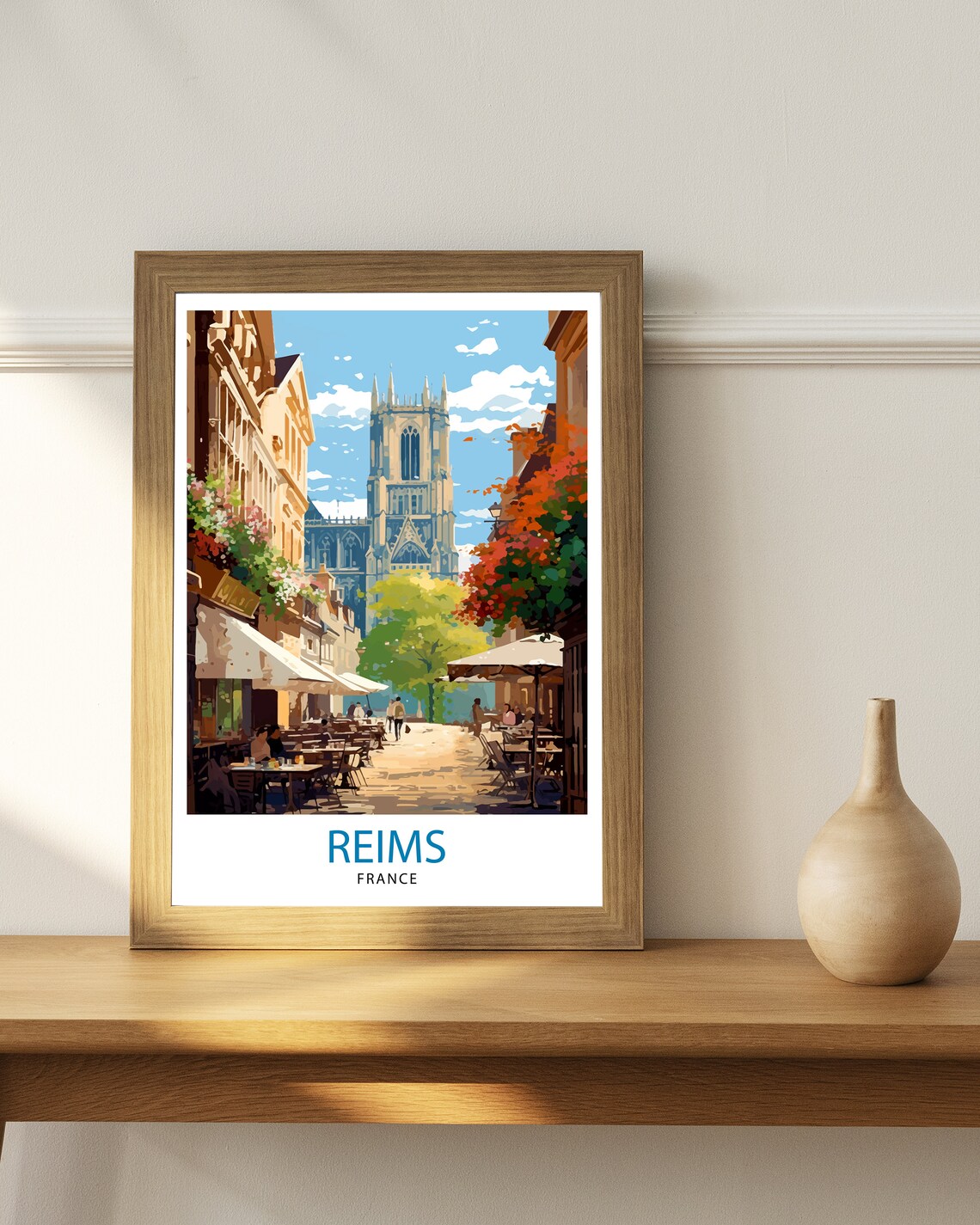 Reims France Cathedral Street Cafe Terraces Colorful Travel Poster - Image 2