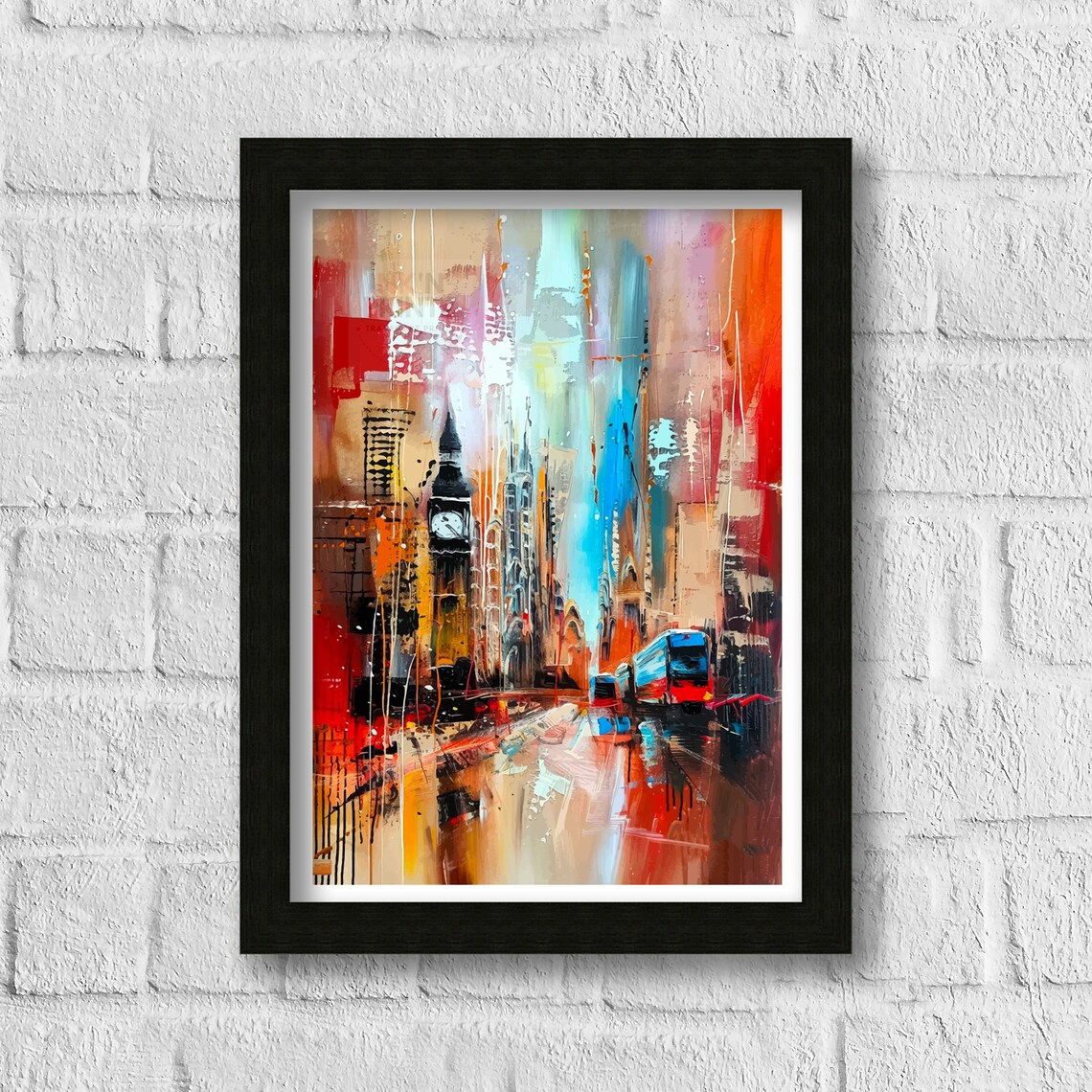 Abstract London Big Ben Red Bus Rainy Street City Art Poster - Image 3